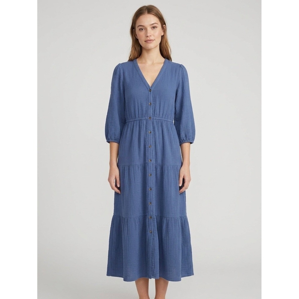 Marine Layer Blue Double Cloth Cotton Tiered Midi Dress Button Front Size M